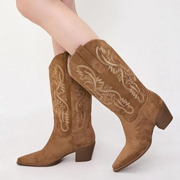 Cowgirl Boots Women Knee High Boots Pointed Toe and Block Heel with Embroidered - Picture 1 of 4